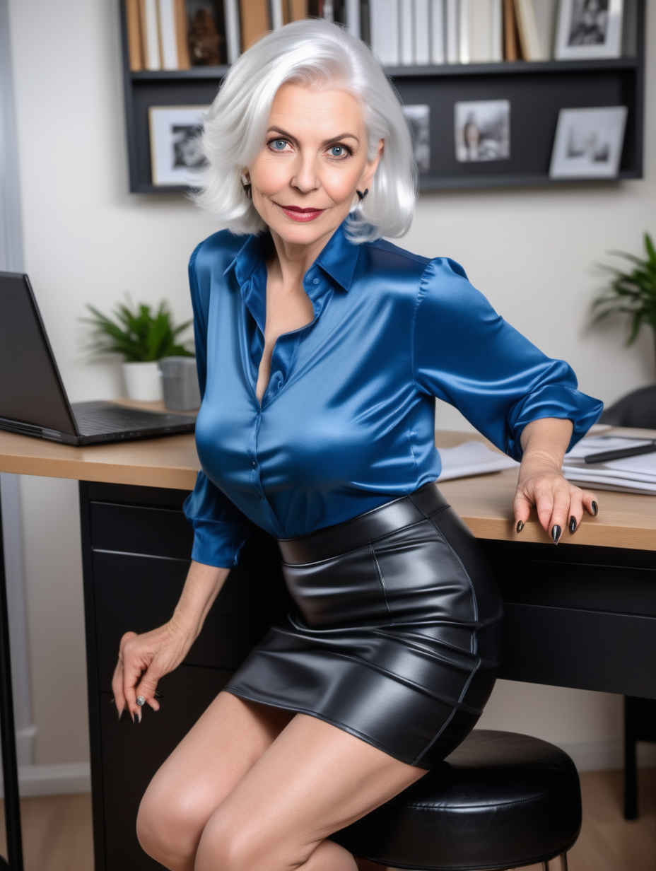 natural older woman, model, with white hair wearing bluse satin blouse and black vinyl skirt and high heels, leaning over table in cosy office showing her big ass