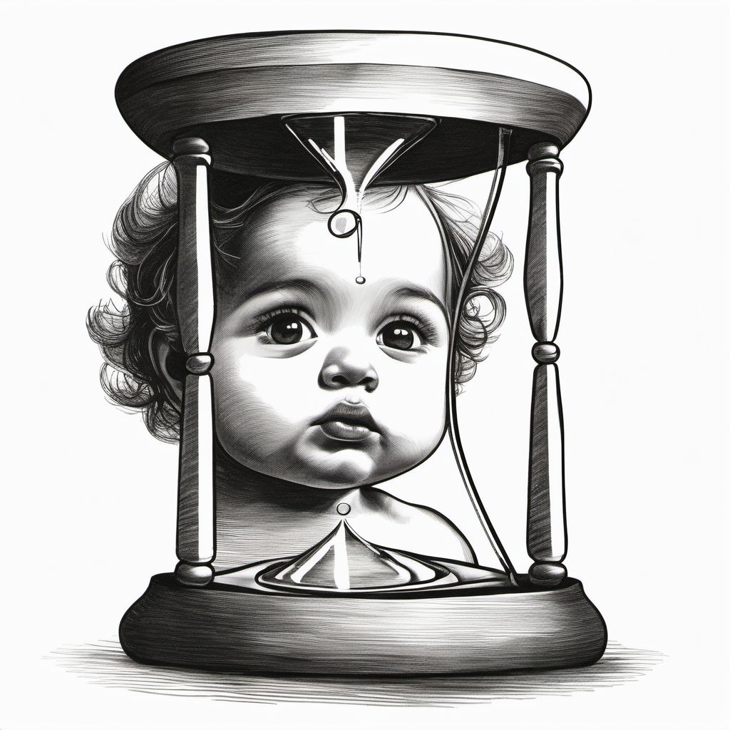Drawing of a baby face, looking at an hourglass.