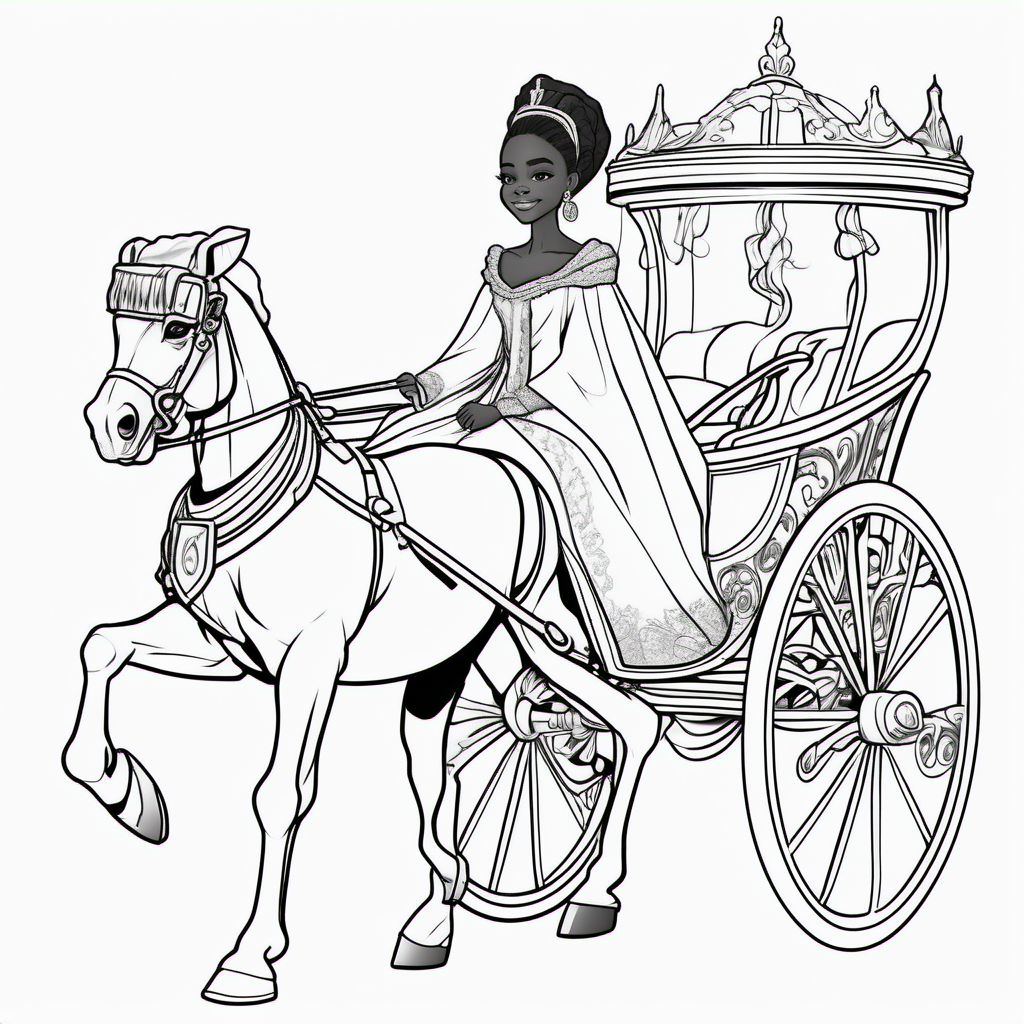 black and white, coloring page, African American teen girl dressed in royal attire riding in an royal carriage,  no background, no fills, no dither, no gradient on body or hair, no color on body or hair