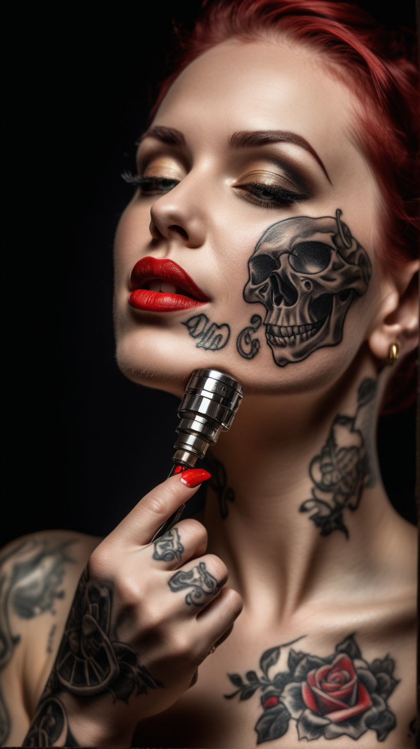 /imagine prompt : An ultra-realistic photograph captured with a canon 5d mark III camera, equipped with an macro lens at F 5.8 aperture setting, closed box, The camera is directly in front of the subject,  capturing a vintage classic tattoo machine /describe : a pattern of the skull is engraved on golden tattoo grip , grabbed by a hand wearing black nitrile gloves . A beautiful woman whose only lips can be seen in the picture, with her red lips painted  red , runs her tongue very sensually on the handle of the tattoo machine, creating a very sensual atmosphere.
the hand is blurred and the focus sets on tattoo machine .
Soft spot light gracefully illuminates the subject and golden grip is shining. The background is absolutely black , highlighting the subject.
The image, shot in high resolution and a 16:9 aspect ratio, captures the subject’s  with stunning realism –ar 9:16 –v 5.2 –style raw
-no background
