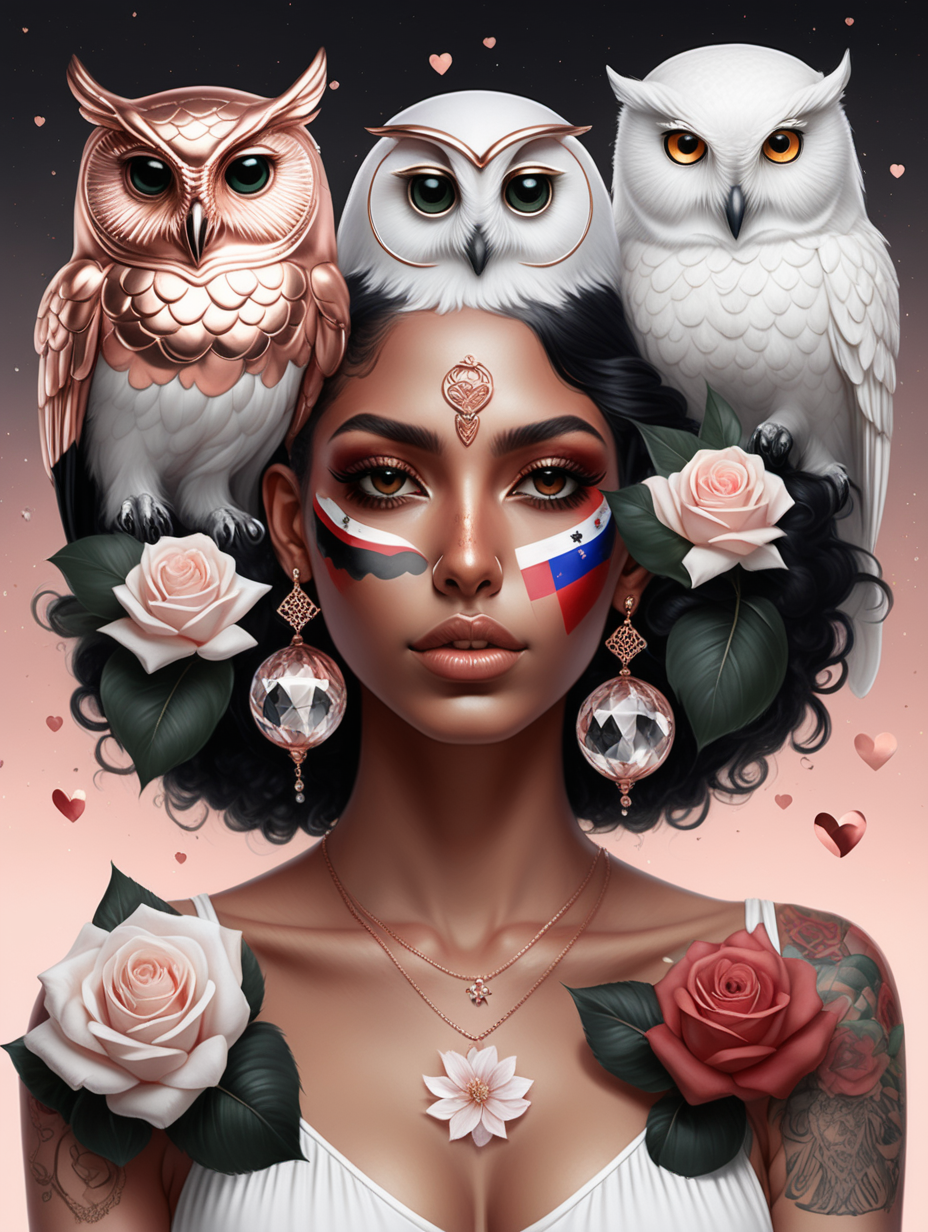 exotic 3 women with black, white and Hispanic skin with floating crystal balls in rose gold wearing a Dominican flag
 flag looking at a white owl with love she has tattoos and soft color flowers in there hair