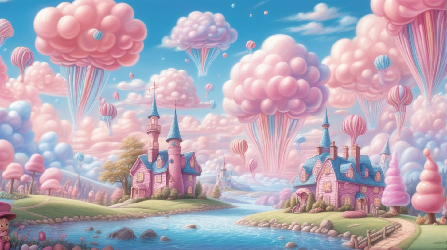  in cartoon storybook fairytale style, a world filled with cotton candy clouds, chocolate rivers, and jellybean meadows. The sky was painted in the most enchanting shades of pink and blue, , similar to CandyLand