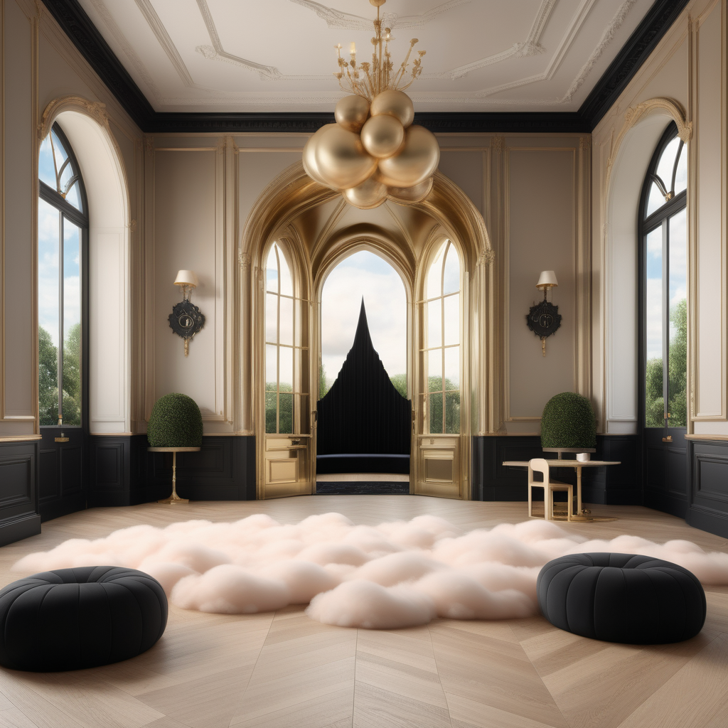 a hyperrealistic image of a grand Modern Parisian  cloud like fantasy castle playroom in a beige oak brass and black colour palette with floor to ceiling windows that blend into the walls and a door leading to the manicured gardens
