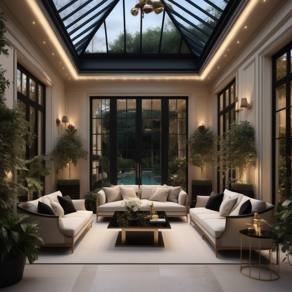 a hyperrealistic of an elegant Modern Parisian estate home conservatory interior with mood lighting, with floor to ceiling windows overlooking the pool and lush gardens, in a beige oak brass and black colour palette 
