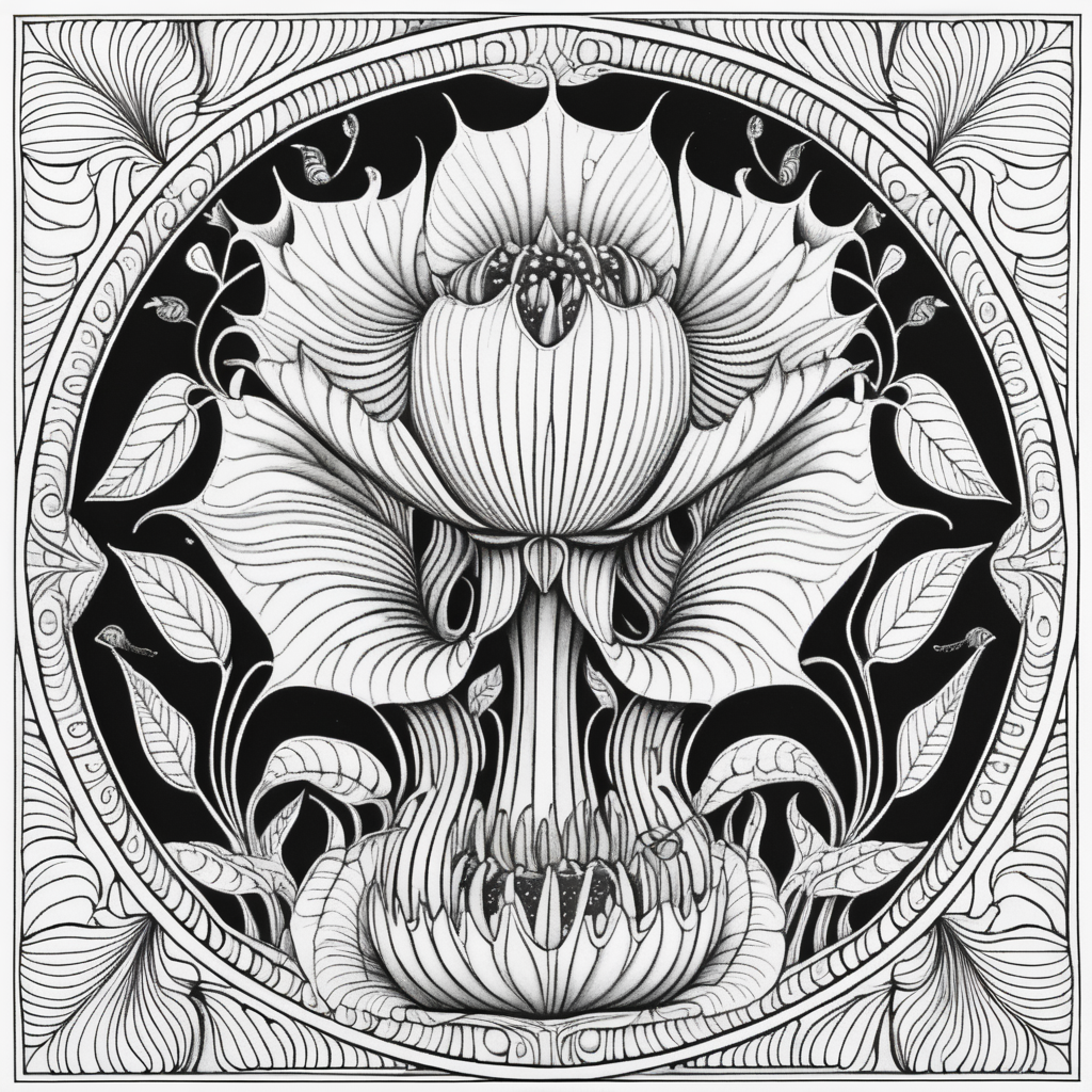 adult coloring book, black & white, clear lines, detailed, symmetrical mandala venus flytrap