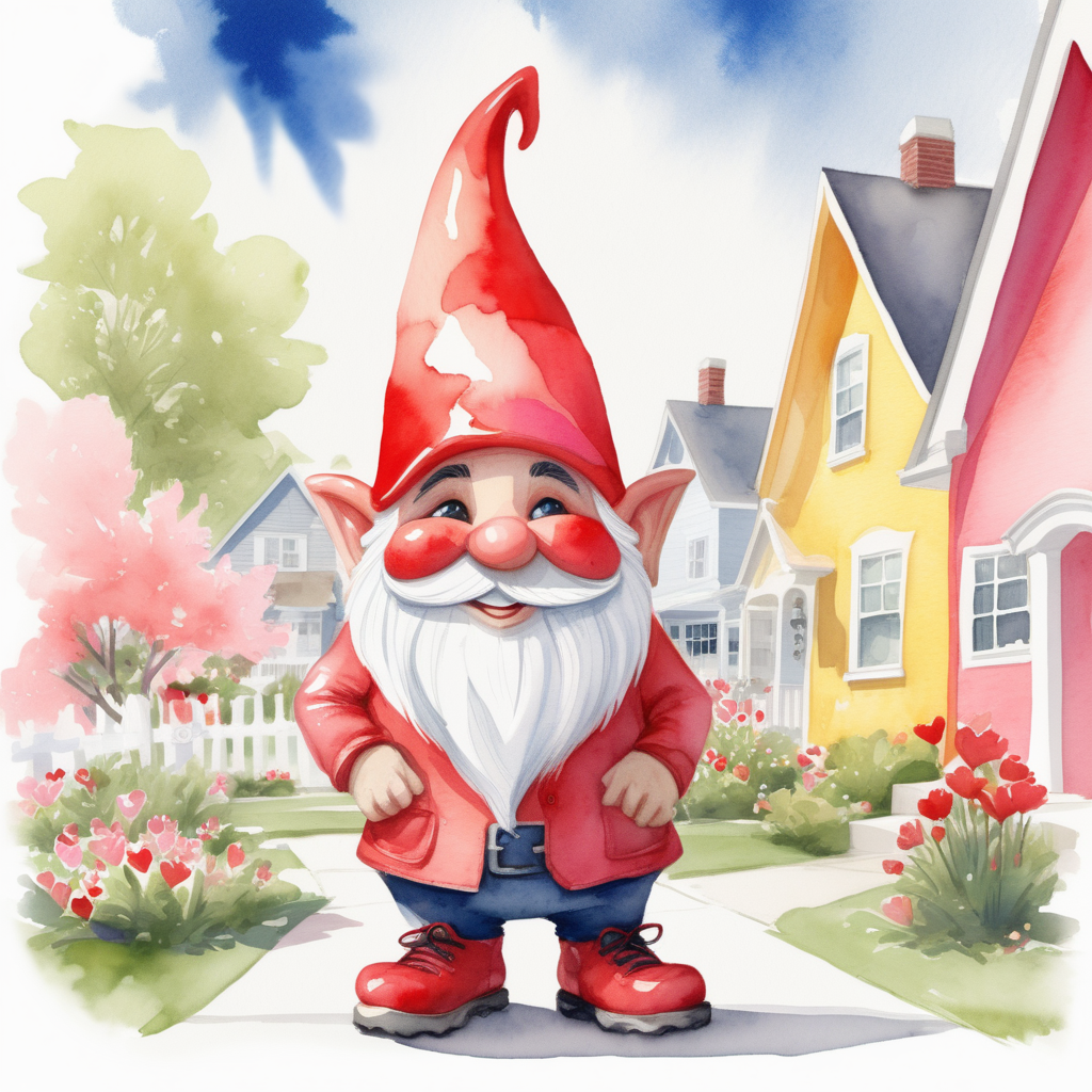 /envision prompt: A watercolor illustration of a valentine-themed gnome. Set in a charming suburban neighborhood, the gnome exchanges valentines with neighbors, radiating a sense of community. The color palette features bold primary colors. The gnome's expressions range from joy to surprise, adding a dynamic element to the scene. The lighting mimics the clear, bright skies of a cheerful day, creating a lighthearted atmosphere. --v 5 --stylize 1000
