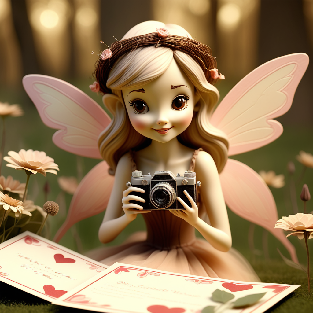 /envision prompt: "Whimsical fairy valentines" reimagined through the lens of a vintage 35mm camera, capturing a timeless and nostalgic scene. The chosen art form is photography, with a focus on creating a composition reminiscent of classic fairy tale illustrations. The fairies, dressed in ethereal attire, pose among antique Valentine's Day cards and trinkets in a sunlit meadow. The color temperature leans towards warm sepia tones, adding a touch of old-world charm. The fairies exhibit a range of expressions from coy smiles to shy glances, evoking a sense of innocent romance. The overall atmosphere is one of enchanting nostalgia.--v 5 --stylize 1000