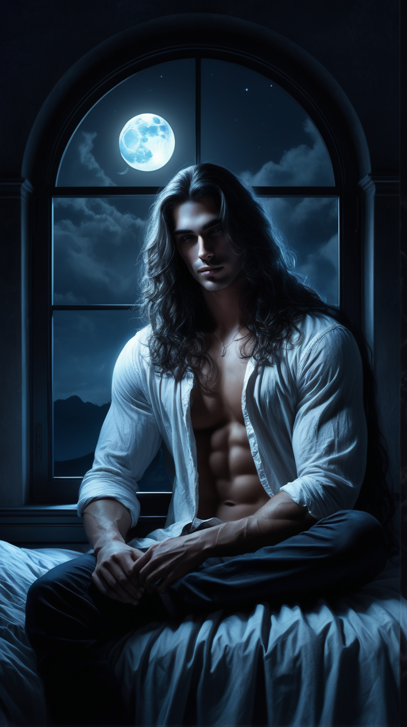Create a dark fantasy art illustration, of male model Enrico Ravenna, long wavy hair, sitting on bed under moonlight coming through window.