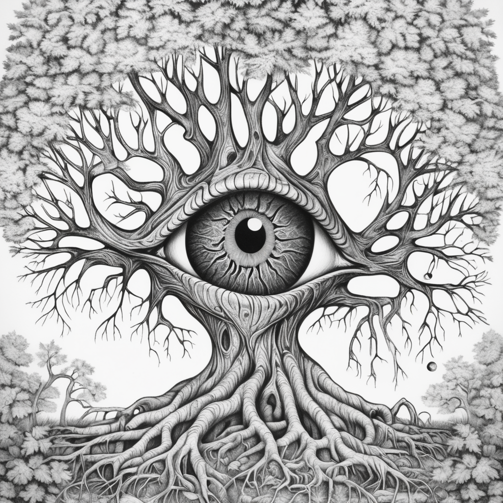 adult coloring book, black & white, clear lines, detailed, symmetrical sick rotting eyeball tree