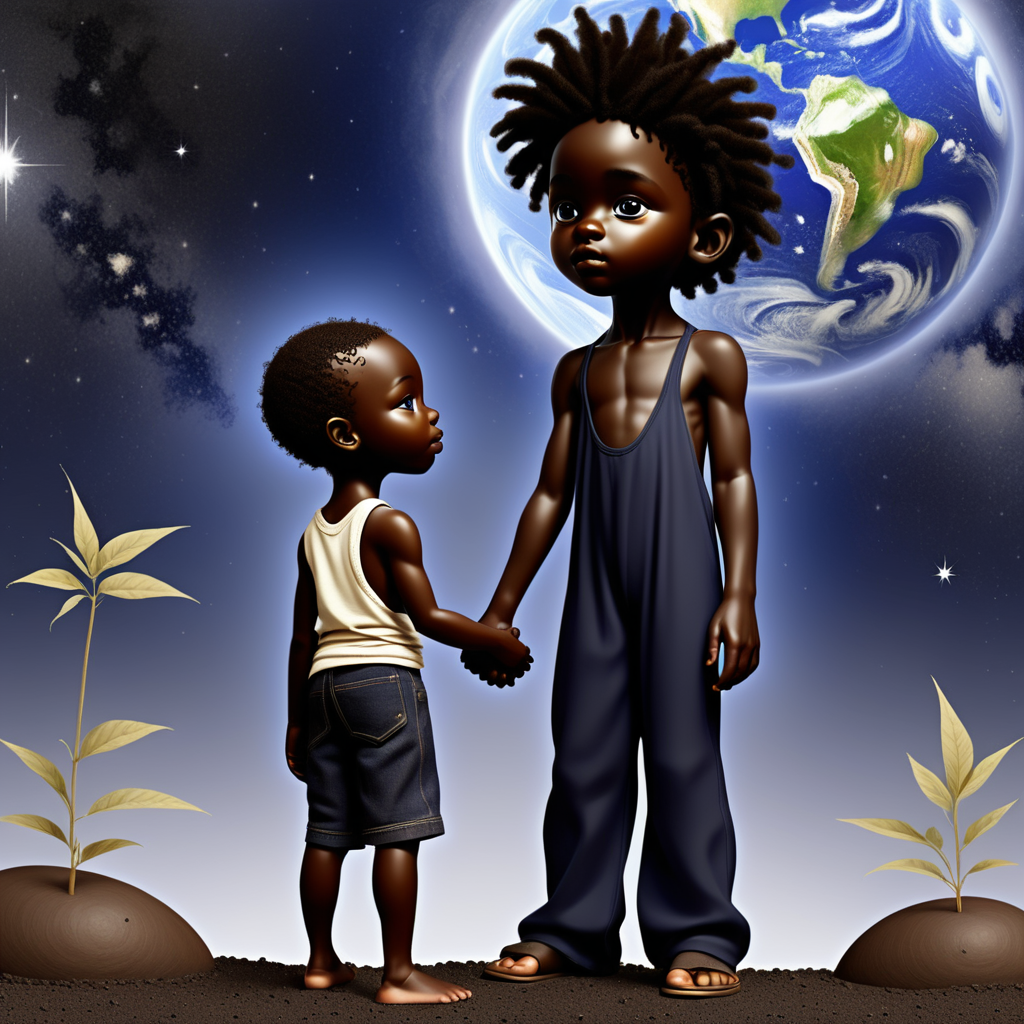 prompt: a black indigo child helping the world with a black star seed child standing by his side helping 