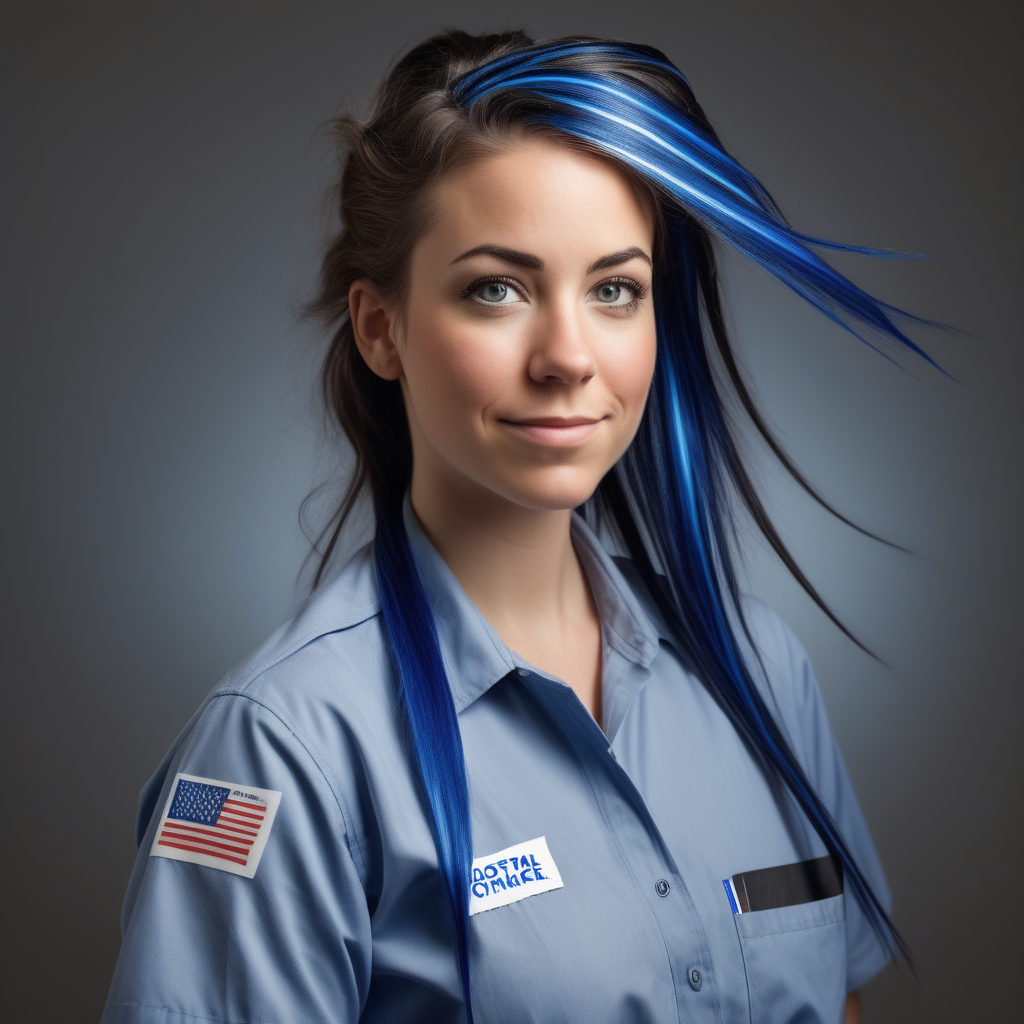 30 year old female postal worker from the United States with a blue streak in her hair. 