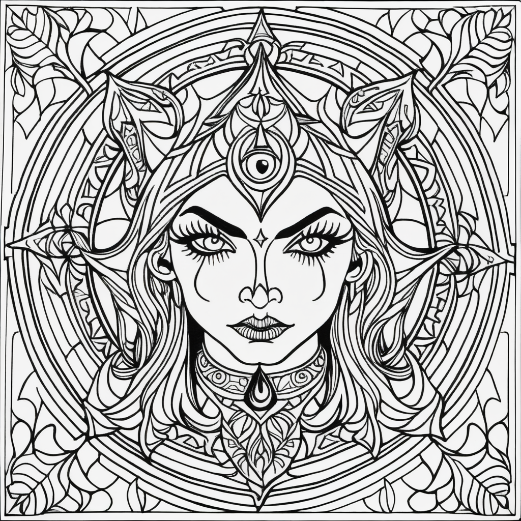 adult coloring book, black & white, clear lines, detailed, symmetrical mandala evil witch face 