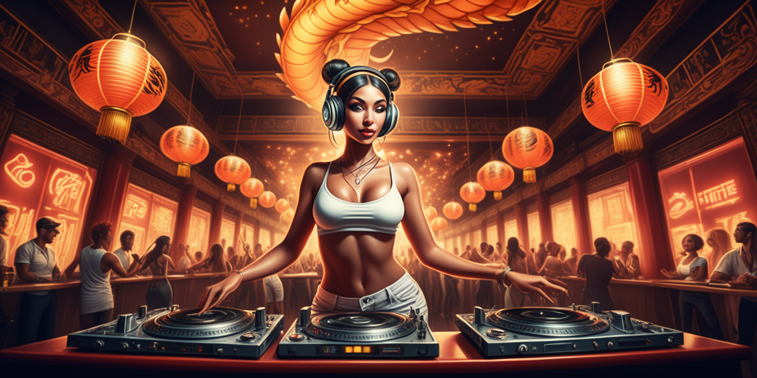 Worms eye view,wide angle, deep focus.hyper realism with grafical retro 90 music poster of dancing europian wiate funk female dj show in tea house, dragon and tiger motits, elegant, glowing europian lanterns perspective, diffuse-back-lighting----