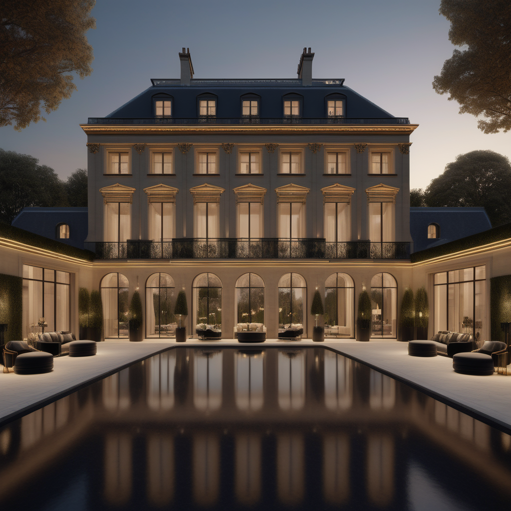 a hyperrealistic of an elegant Modern Parisian estate home grand pool room at dusk with mood lighting, floor to ceiling windows with a view of the manicured gardens, in a beige oak brass and black colour palette 
