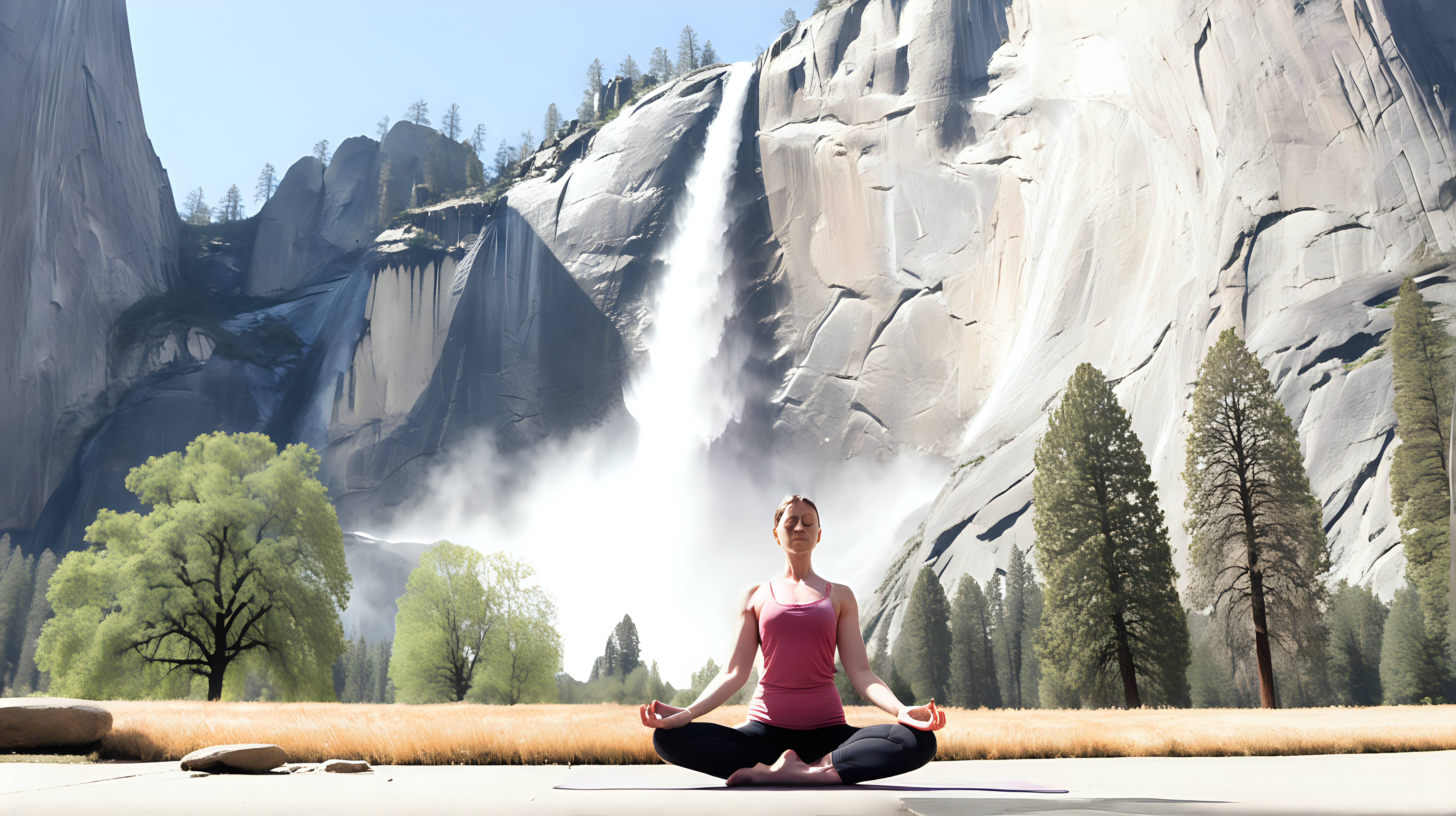 woman practicing yoga in front of Yosemite Falls