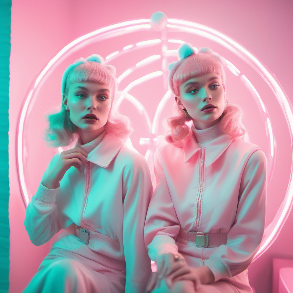 Ethereal editorial retro future twin 
woman at a Christmas party, pastel colours beautiful innocent woman, pink, aqua, 

