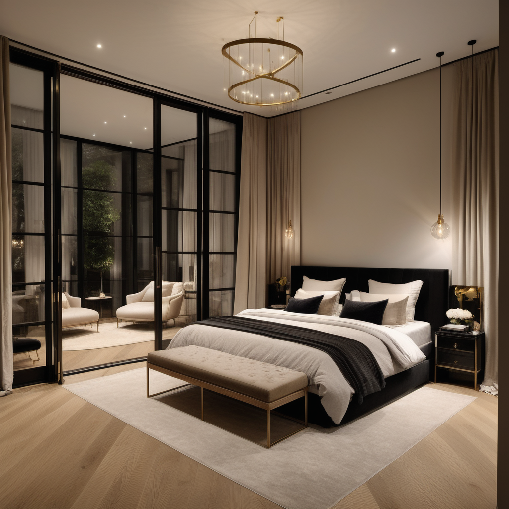 hyperrealistic of an elegant modern Parisian Master Bedroom at night with oak flooring; large glass doors overlooking the private courtyard with garden beds and limestone flooring; vanity table; kind bed; floor to ceiling windows ; curtains; mood lighting; beige, oak, brass and accents of black colour palette; modern brass pendant light --no neighbour houses
