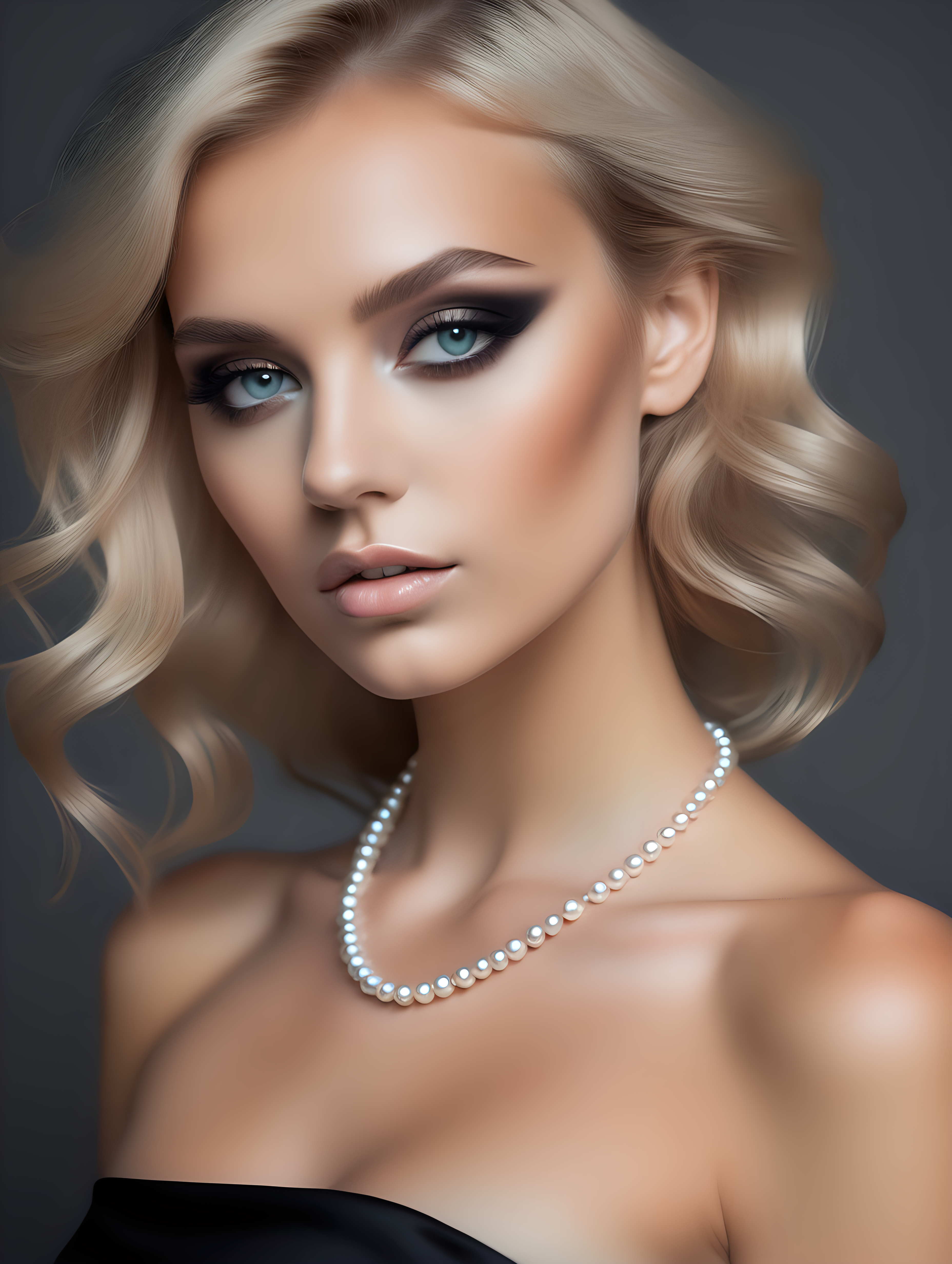 a close up of a nude woman with a black dress and a pearl necklace, perfect colorful eye shadows, inspired by Anna Katharina Block, perfect body face and hands, profile picture, images on the sales website, beautiful android woman, muted colour