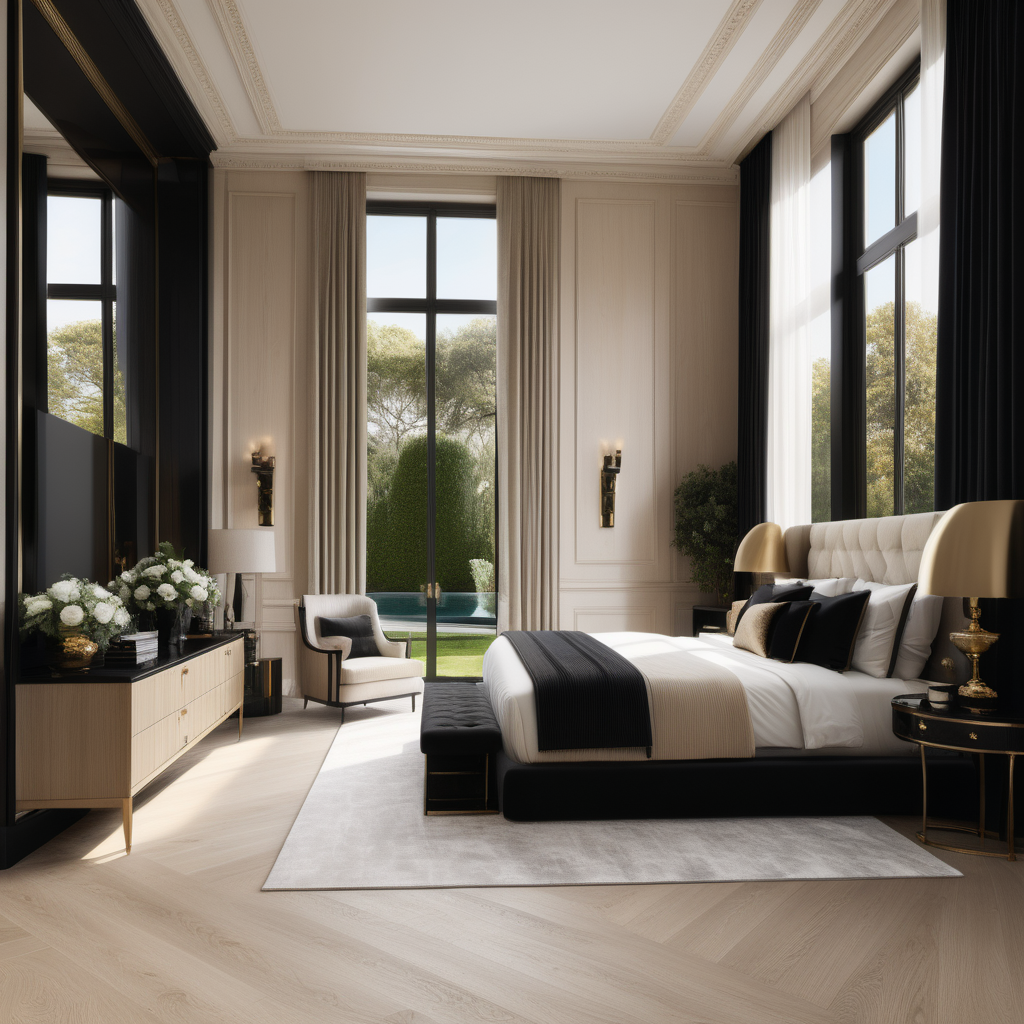 A hyperrealistic image of a grand, elegant modern Parisian master suite in a beige oak brass and black colour palette with floor to ceiling windows showing views of the pool and gardens,