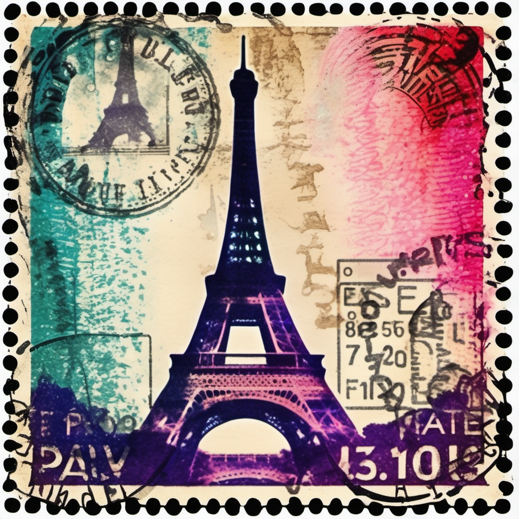 stamp with Eiffel Tower Paris abstract colourful distressed