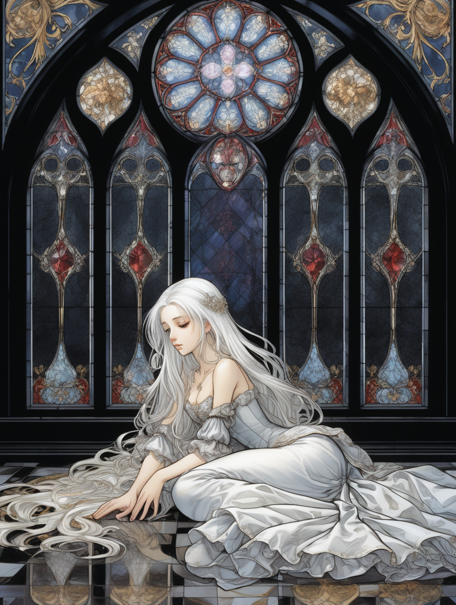 a princess lying in a Gothic stained glass