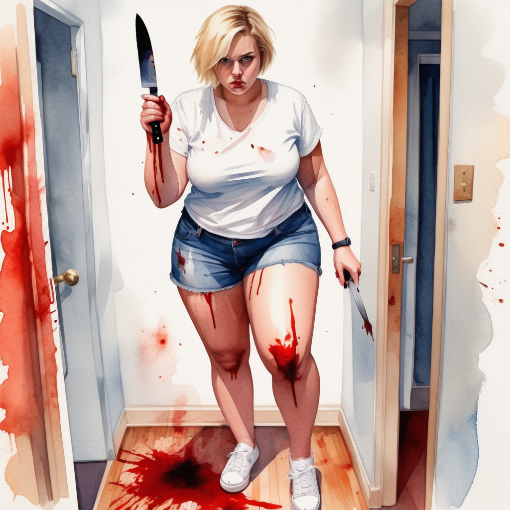 sexy pov image from top, plus size curvy blonde woman, short hair in a white shirt and denim shorts and white tennis shoes with a knife  in her bloody hand in in an apartment room, image based in watercolor paint.