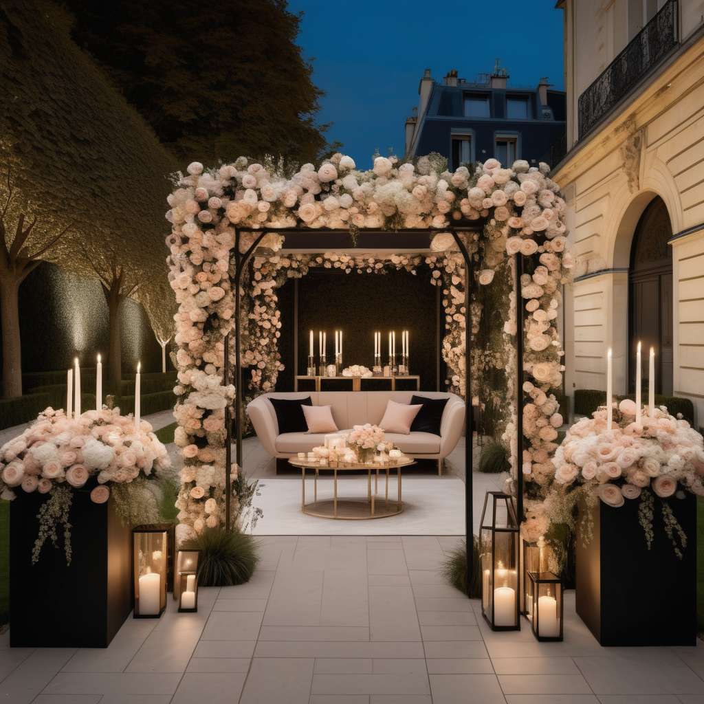 a hyperrealistic of a grand Modern Parisian large open backyard set up for a romantic dinner party in a beige oak brass and black colour palette with  flowers and candles and mood lighting
