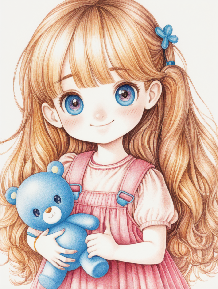 The cover of abook, width 17.43 inches and length 11.25 inches. A drawing of a girl holding a toy while she is happy, with all the colors and shading in it , cute eyes