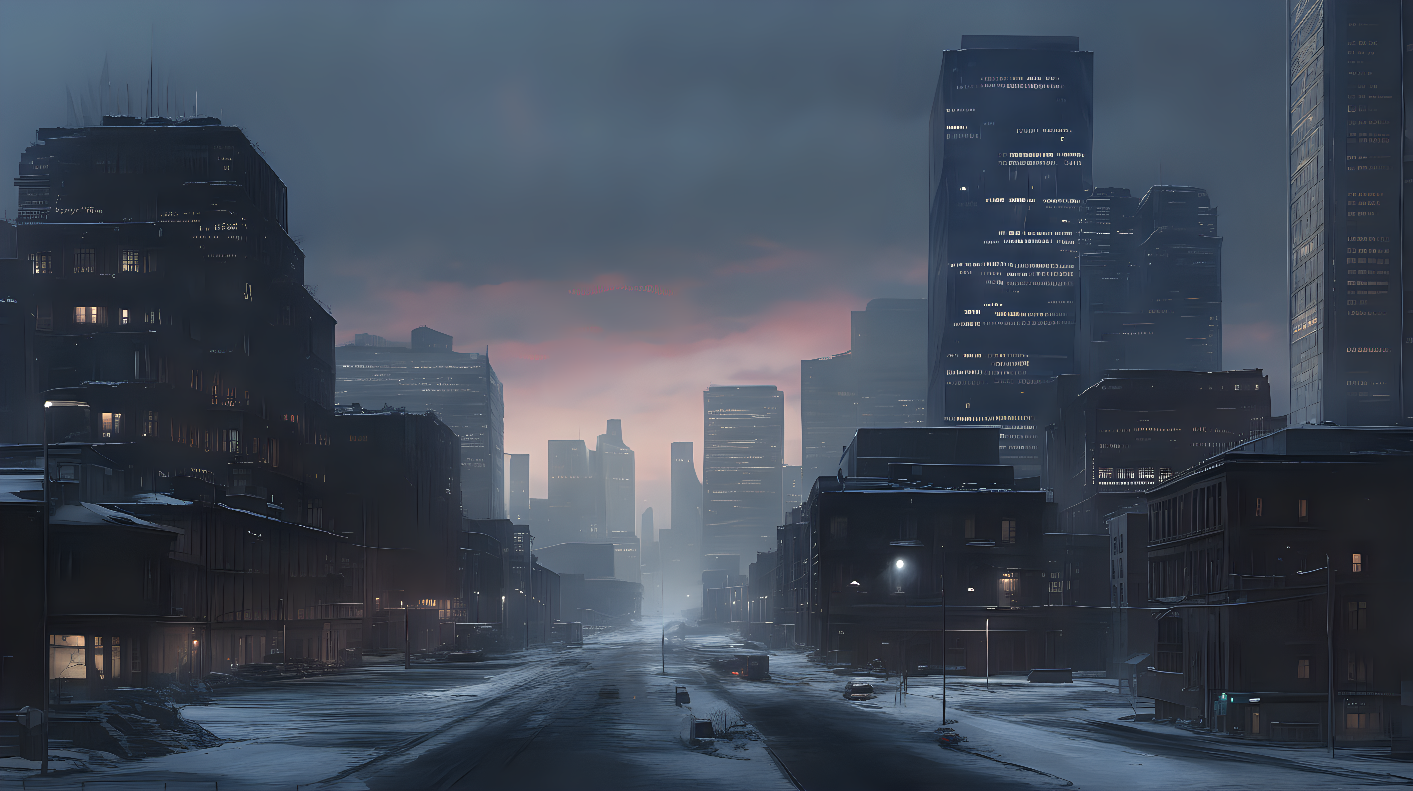 A deserted large city in winter at dusk, at ground level, skyscrapers all around, a cloudy sky, a street stretching into the distance.