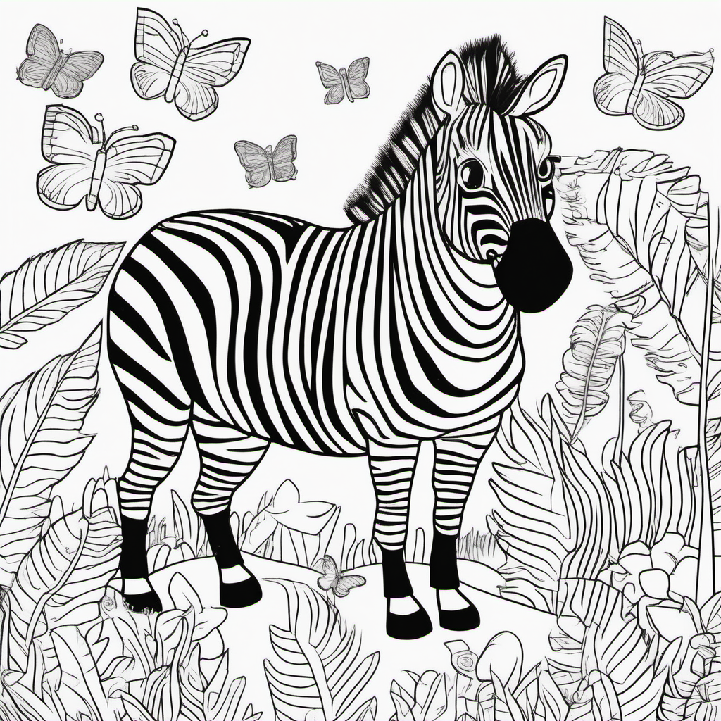 /Imagine colouring page for kids, Zebra rex in a jungle with butterflies, cartoon style, Thick Lines, low details, no shading --ar 9:11