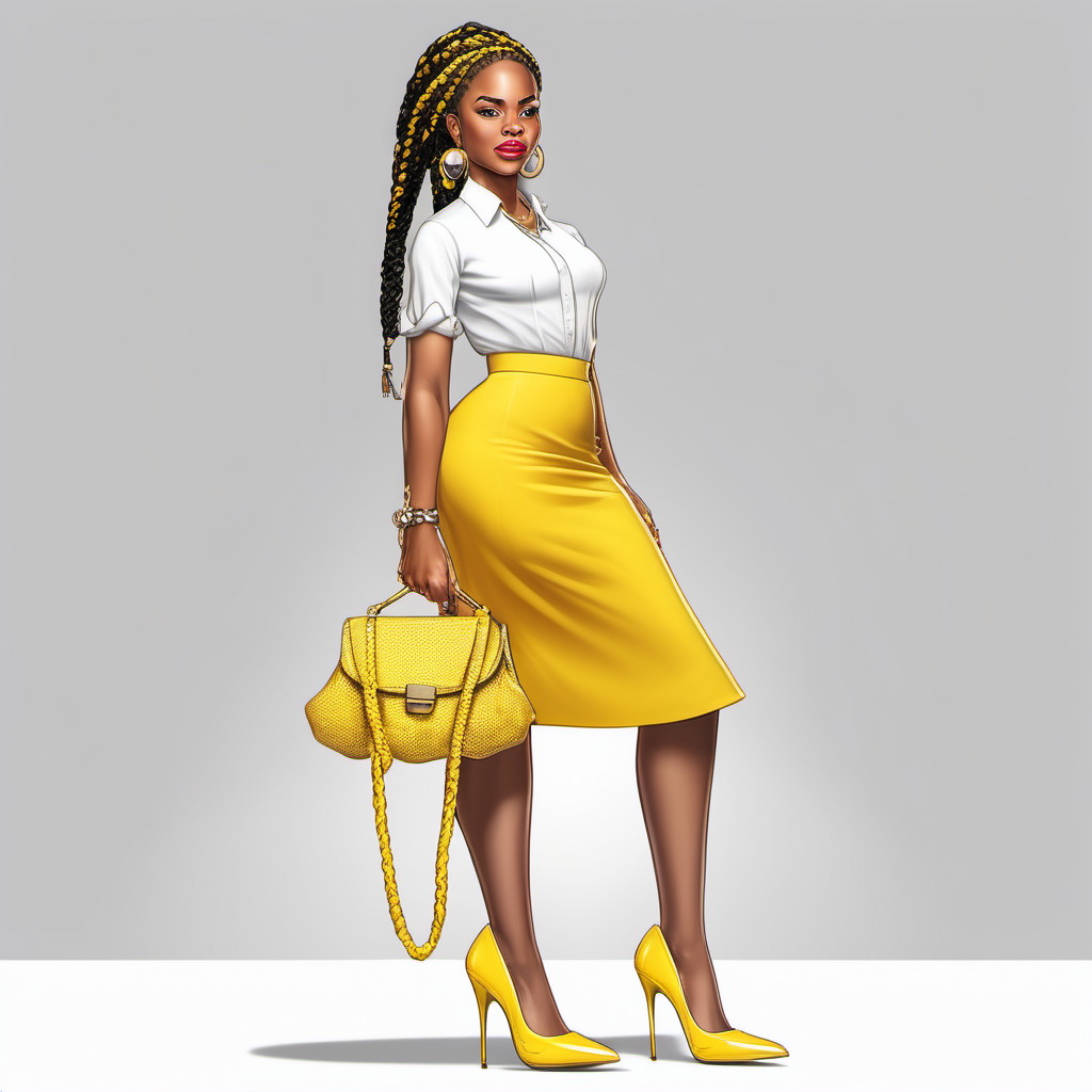 An african american woman in a yellow skirt and white blouse with yellow high heels; a purse in the other, with a white background in a realistic cartoon image, with pinned up braids
