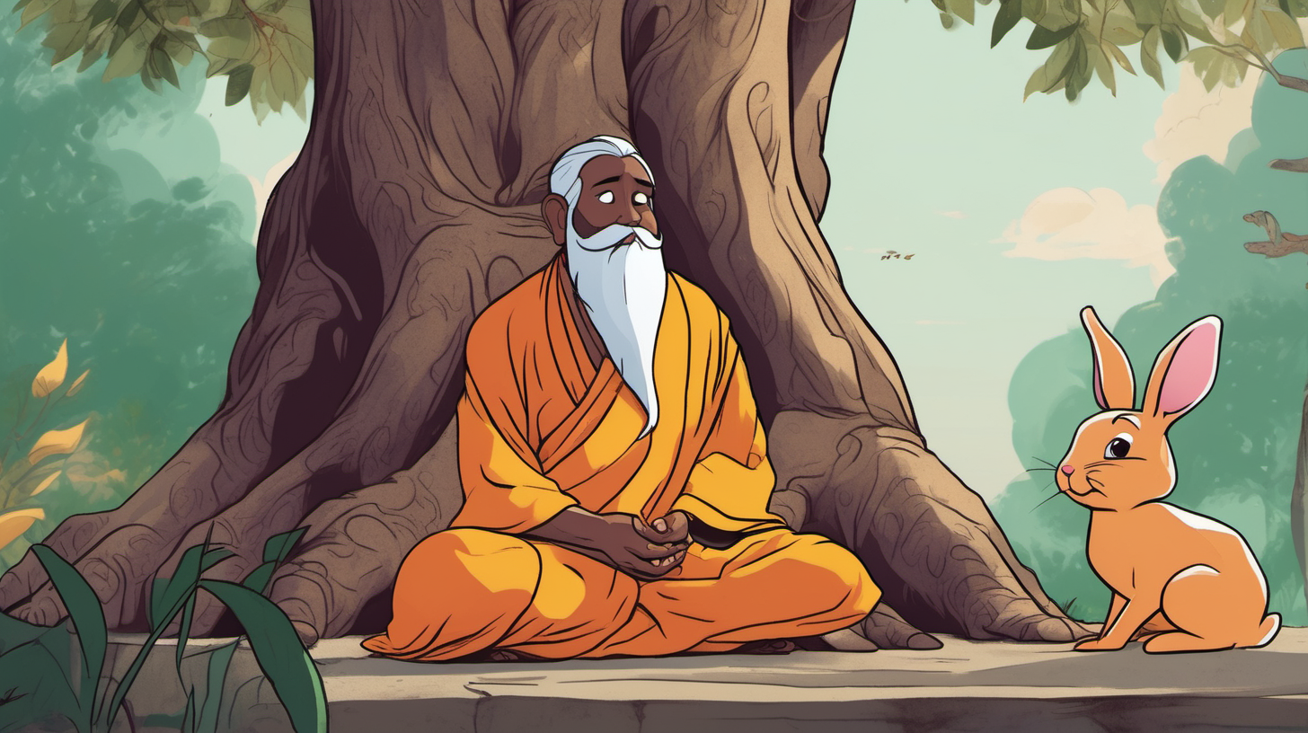 a cartoon rishi sitting under a banyan tree in his saffron robe and white beard in a meditative pose looking at one cartoon bunny rabbit passing from nearby. The rabbit looks sad.