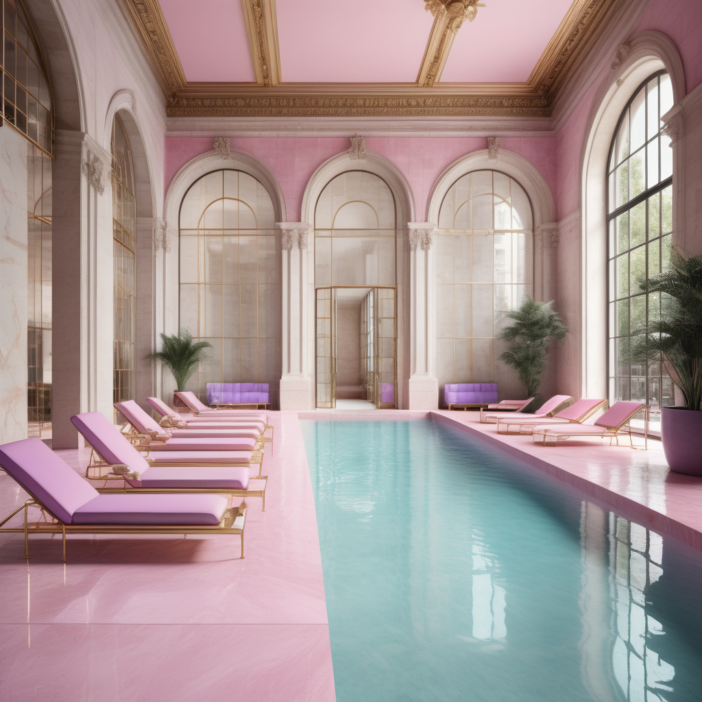 hyperrealistic image of modern Parisian indoor pool sunbeds