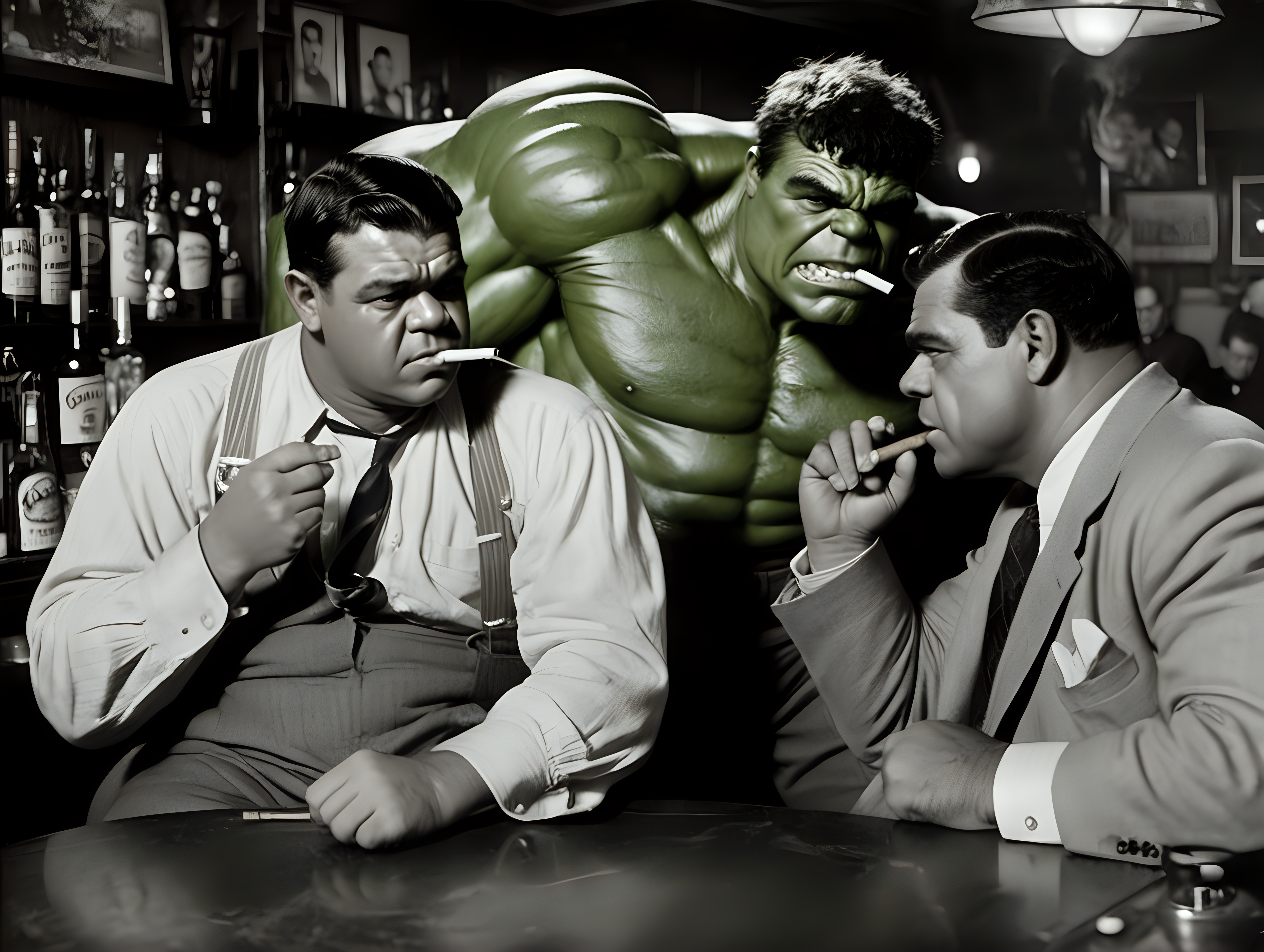 Babe Ruth and the Hulk smoking a cigar