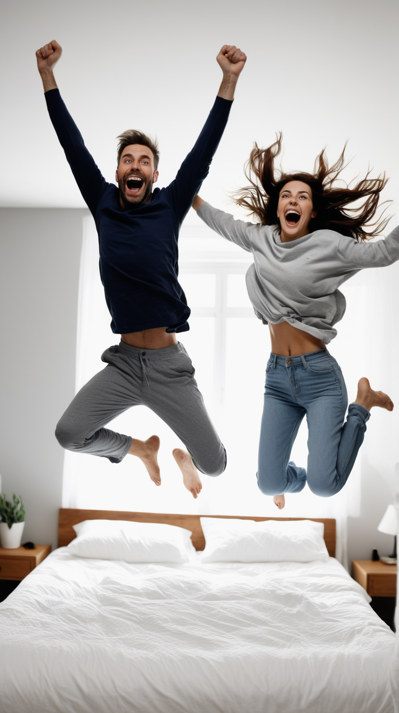 Man and woman jumping out of bed looking very happy