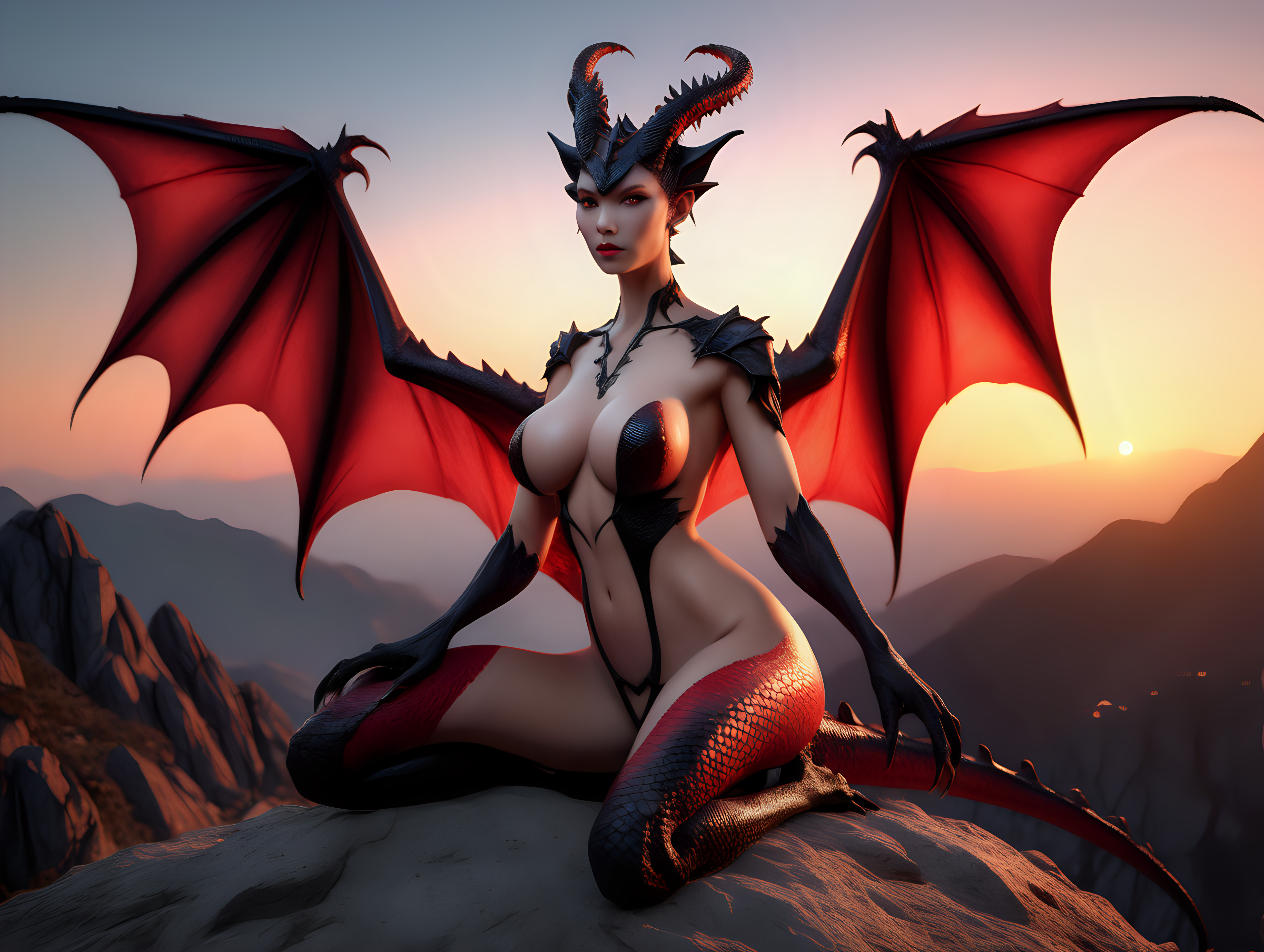 ultra-realistic high resolution and highly detailed adult film photoshoot of a slender female human dragon, with sleek pointy black horns gently swept straight backwards over head, with massive firm breasts, red scales growing on her body, she has draconic symbols on her arms and body, sitting on a mountain top in the sunset protecting her clutch of eggs facing the camera