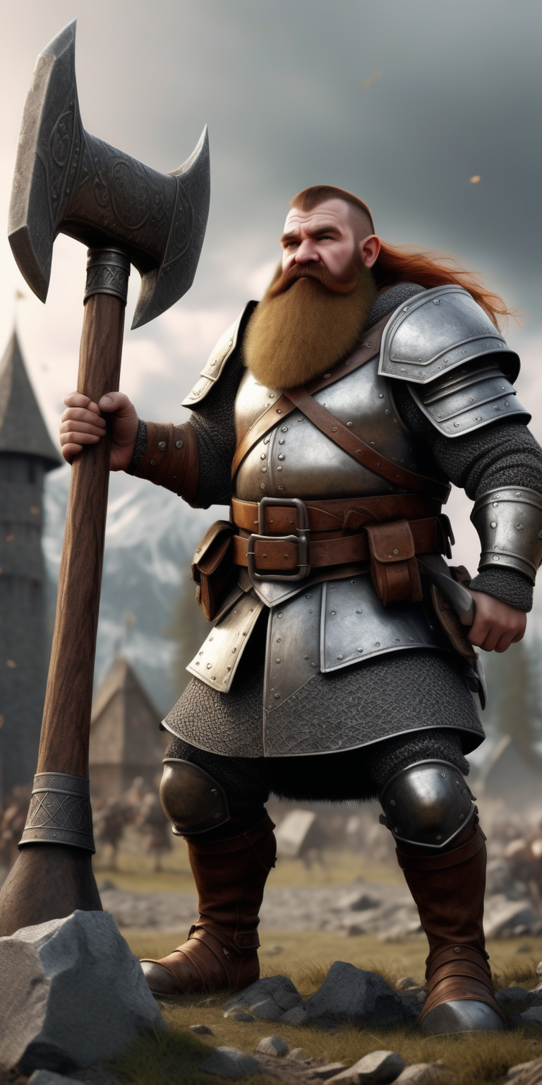 Realistic Medieval Dwarven Soldier on a battle field with a big hammer