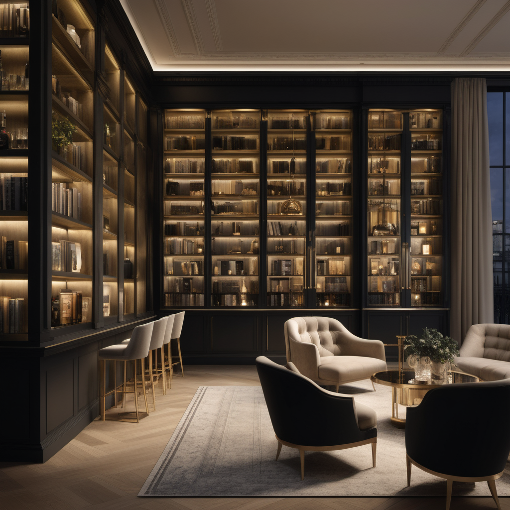 a hyperrealistic grand modern Parisian open plan library and Bar at night with mood lighting, floor to ceiling windows and doors opening to the patio,  in beige, oak, brass and black
