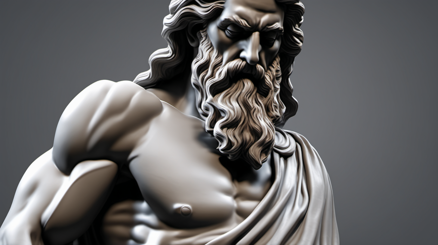 Create a visually stunning and detailed AI-generated image of a Greek-inspired old man statue carved from black stone, featuring muscular physique, long flowing hair, a beard, and draped in a single cloth that elegantly hangs from one shoulder."

