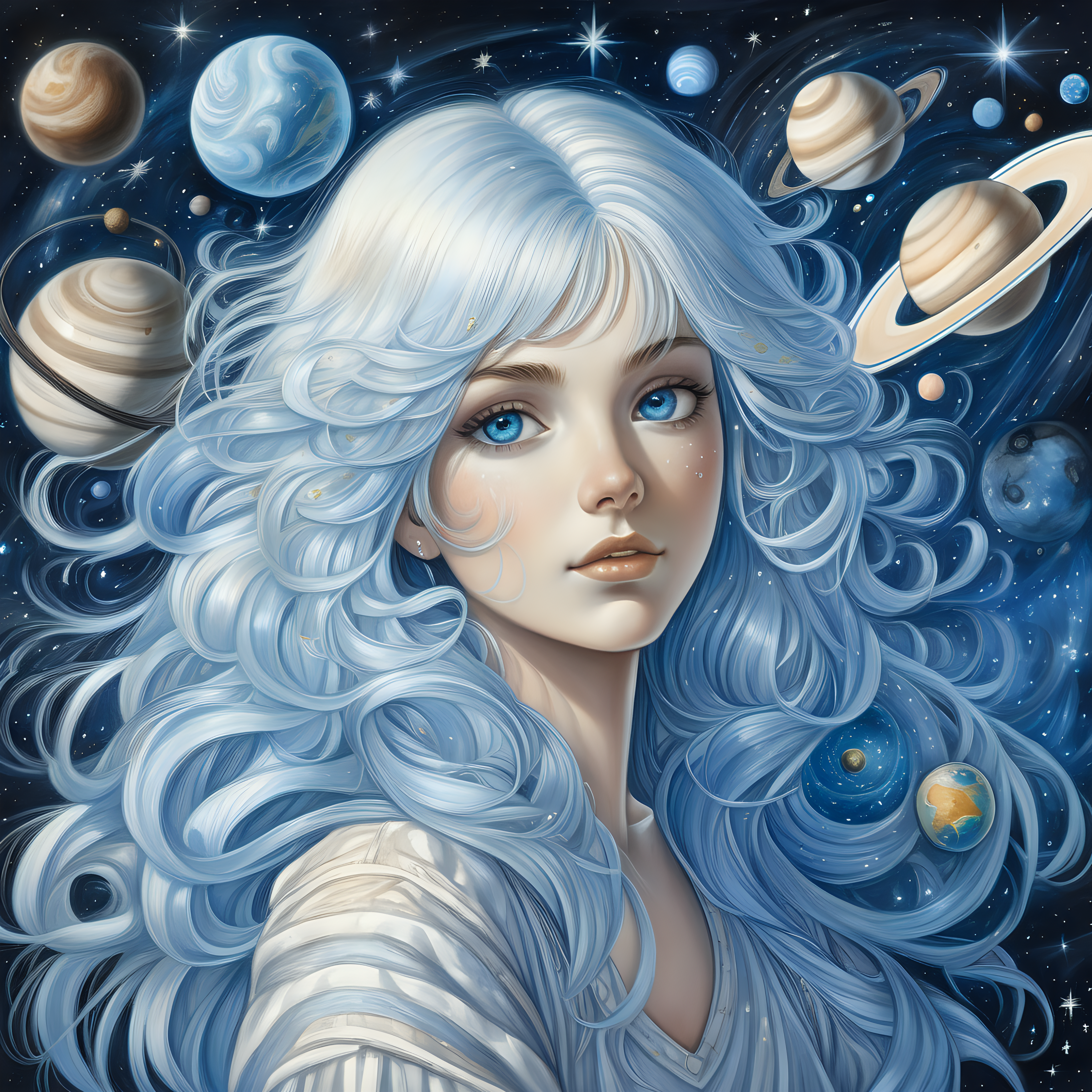 Celestial whote hair blue eyed lady on a starry background surrounded by planets