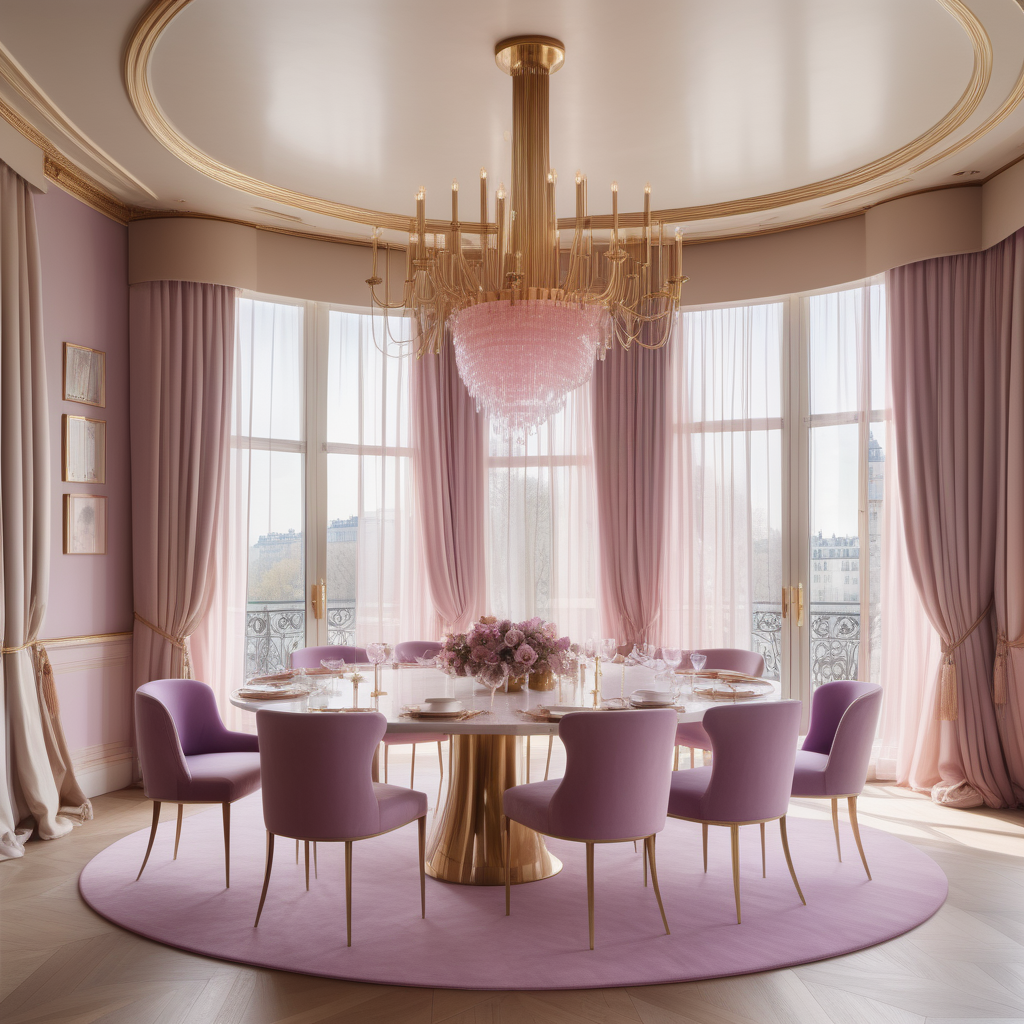 hyperrealistic image of large modern Parisian dining, floor to ceiling windows, curves, beige, pink, lilac and brass colour palette, brass chandelier, sheer curtains