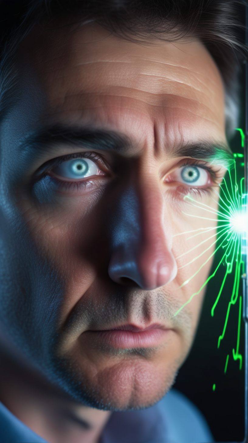 man concentrating with lasers coming out of his iris 4k