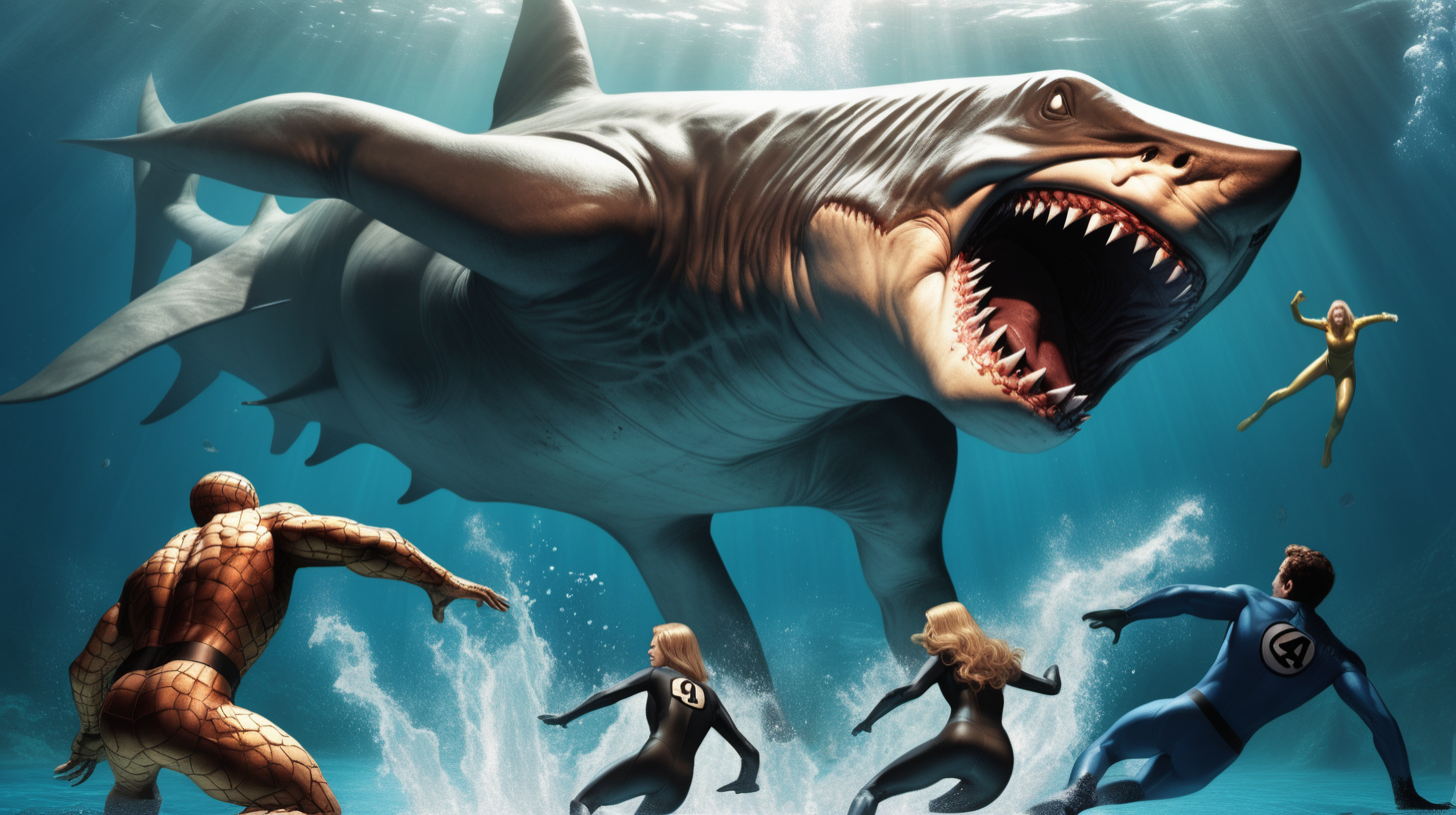The Fantastic Four fights a giant shark with legs and wings underwater