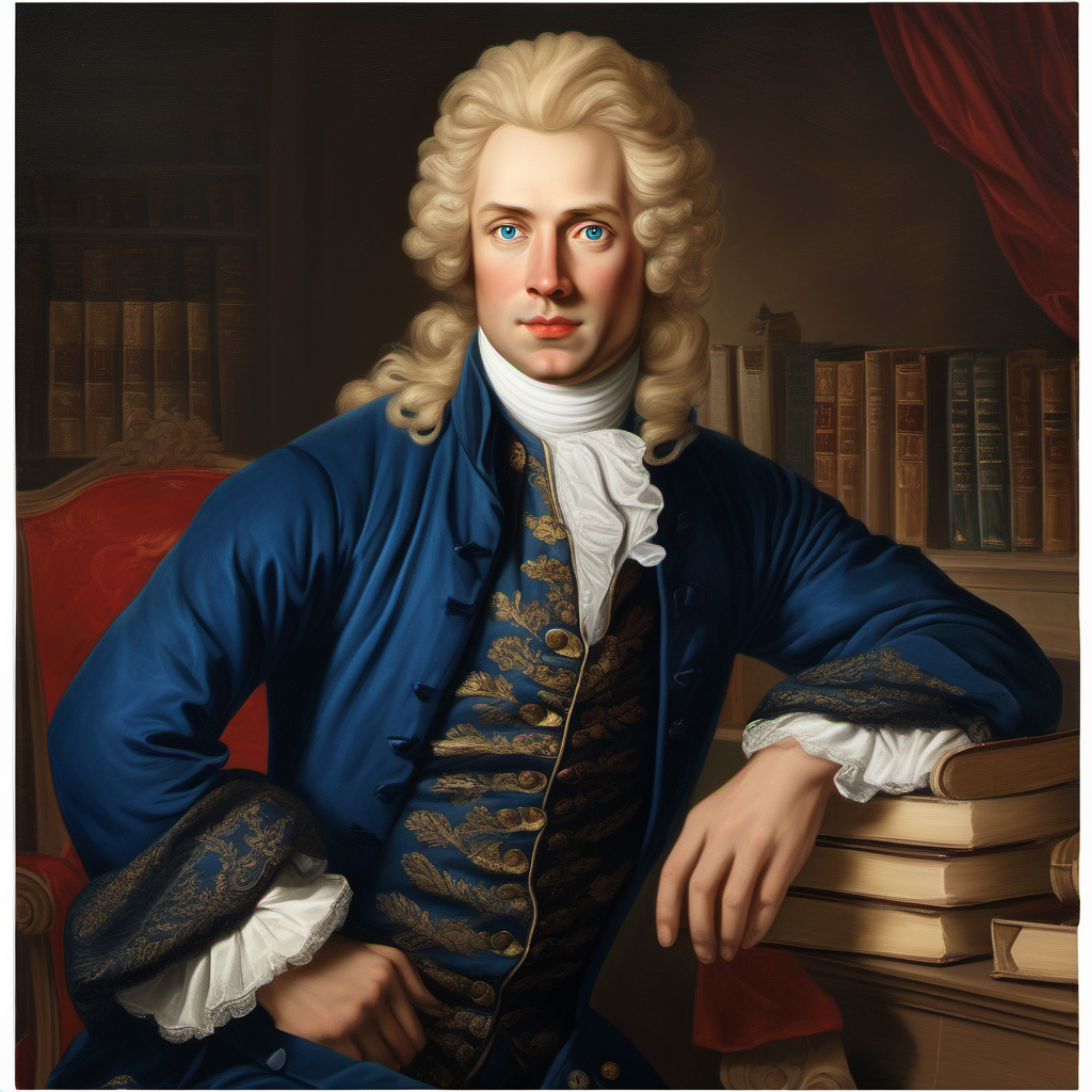 18th century handsome middle-aged man lawyer straight blonde hair blue eyes