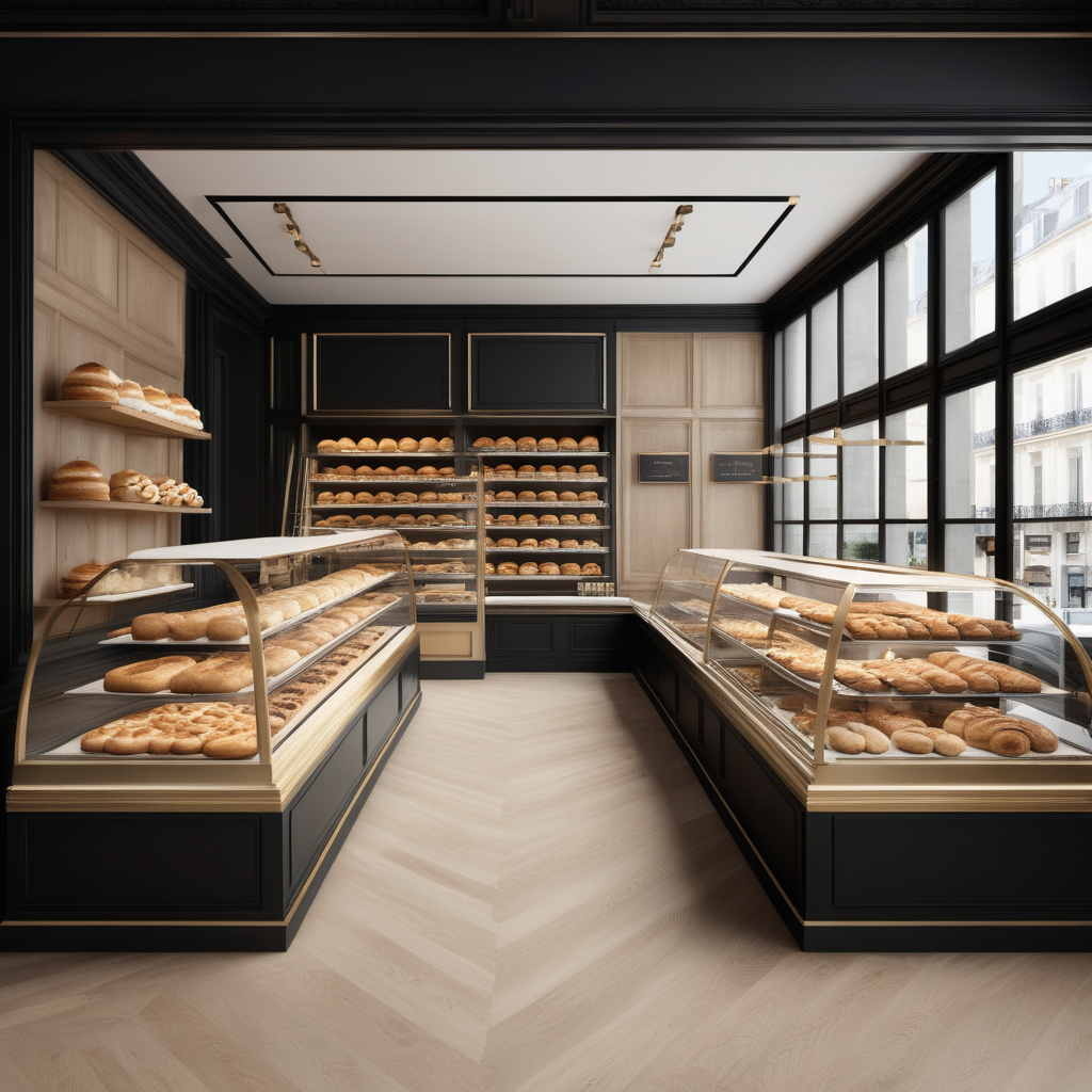 A hyperrealistic image a grand Modern Parisian gourmet bakery in a beige oak brass and black colour palette with floor to ceiling windows and