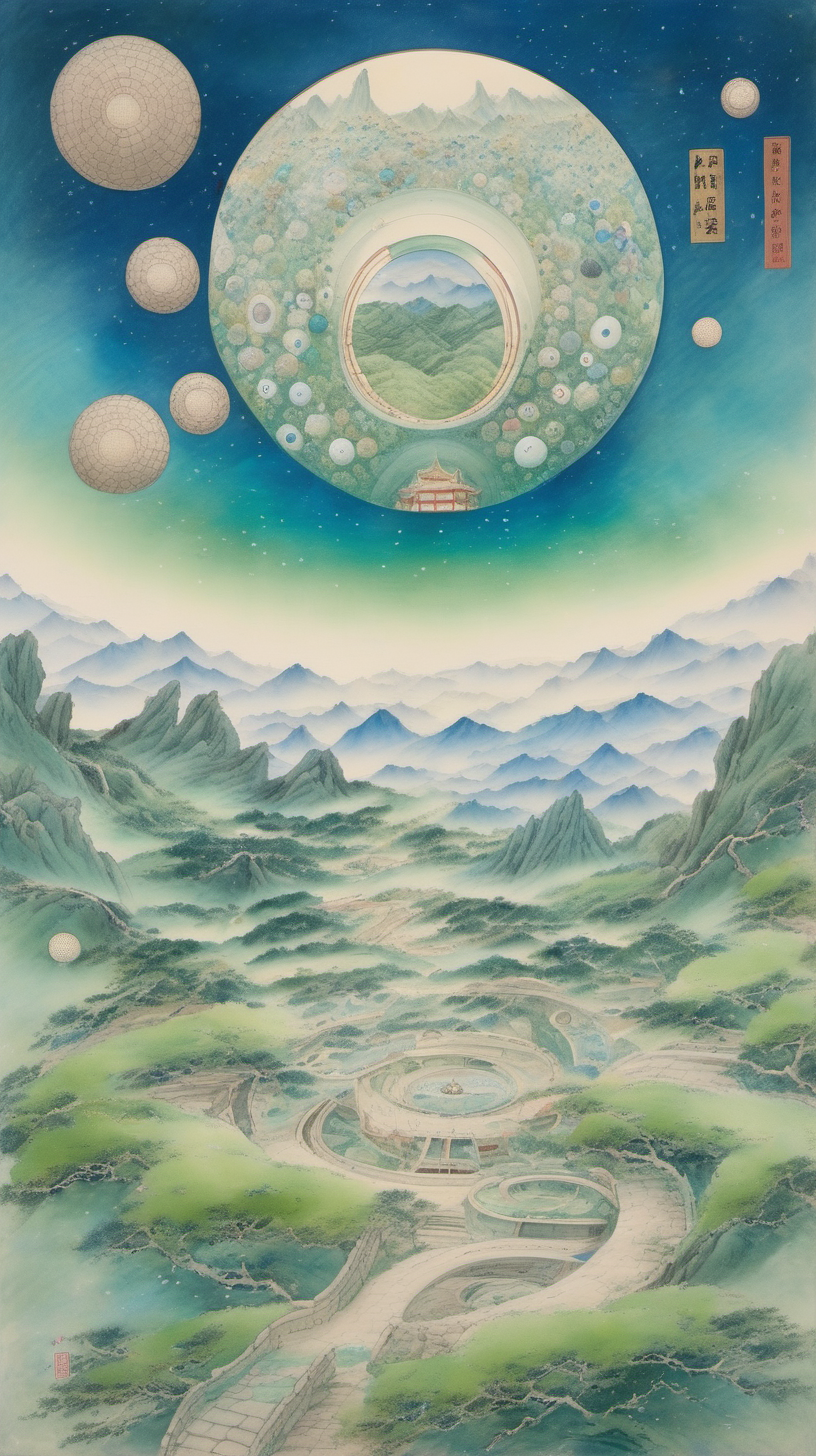 chinese gongbi drawing, with traversable wormhole, other worldly scenery, cosmos, quail eggs, greenblue mountain,sky