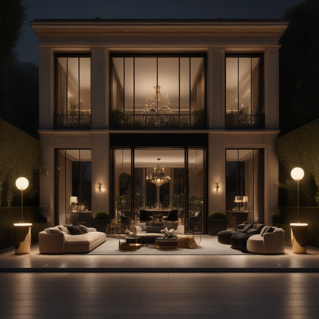 a hyperrealistic of a grand modern Parisian estate home whiskey den at night with mood lighting,  floor to ceiling windows with a view of the manicured gardens, in a beige oak and brass and black colour palette
