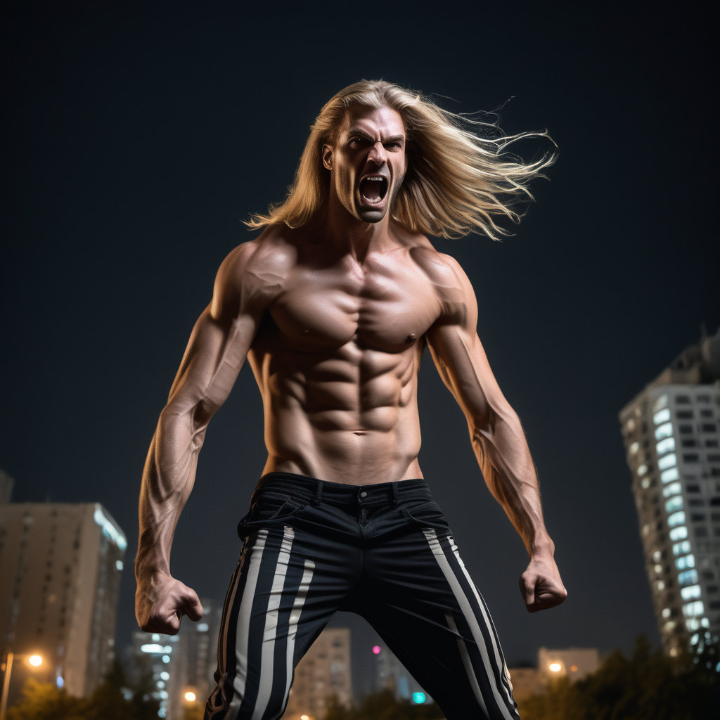tall muscular man long blond hair with black