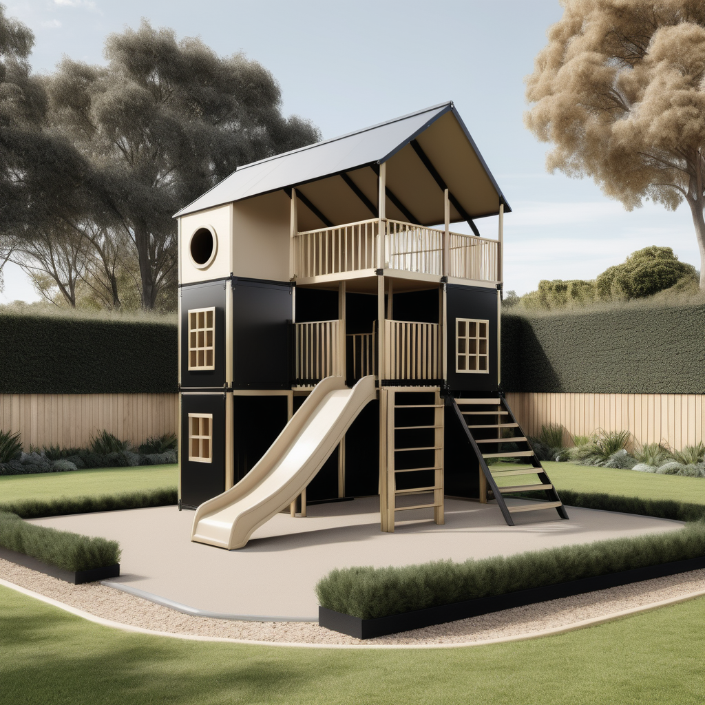 a hyperrealistic image of a grand Modern Parisian  outdoor cubbyhouse playground  in a beige oak brass and black colour palette surrounded by large beautiful open lawns and garden
