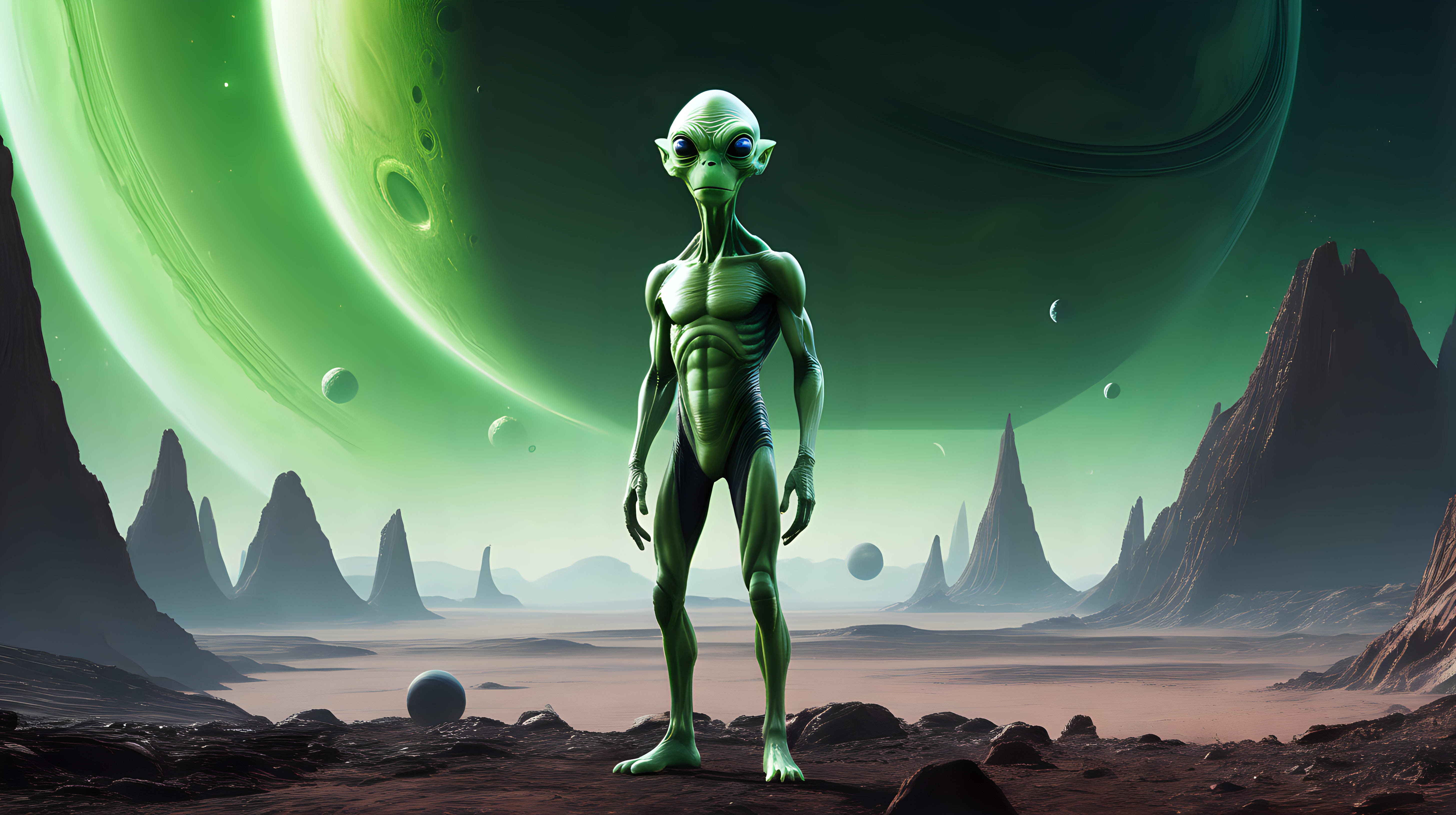 A green alien in the foreground on an alien planet, a ringed planet in the sky behind him.